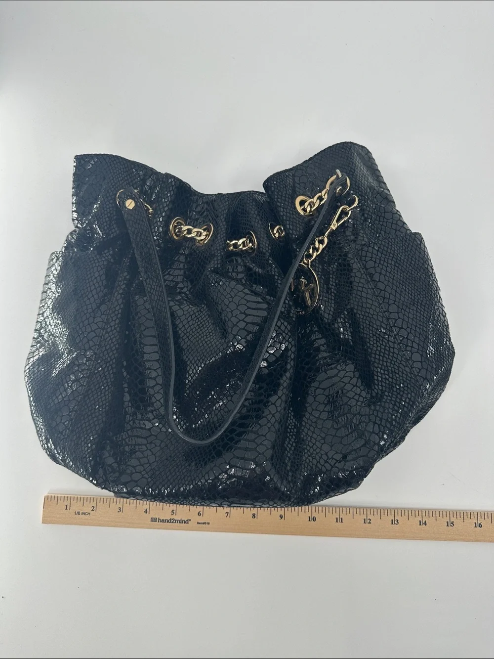 Michael Kors Black Patent Snakeskin-Textured Drawstring Shoulder Bag